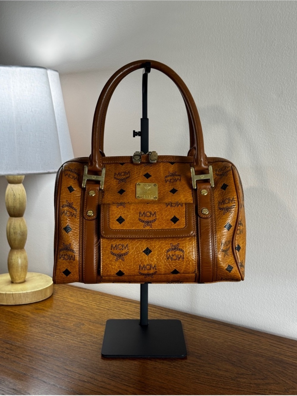 MCM Cognac Visetos Logo Satchel in Brown with Gold Hardware